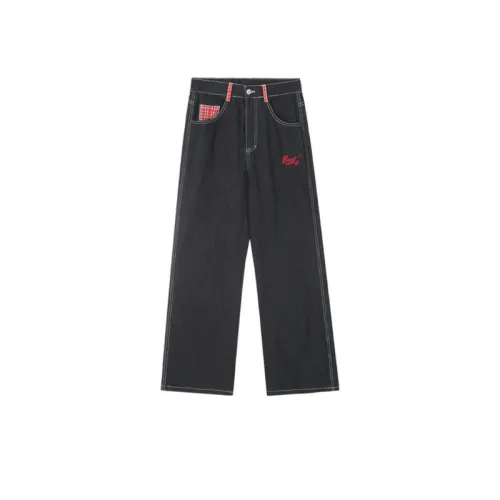 Trendy Plaid Pocket Workwear Denim Straight Pants