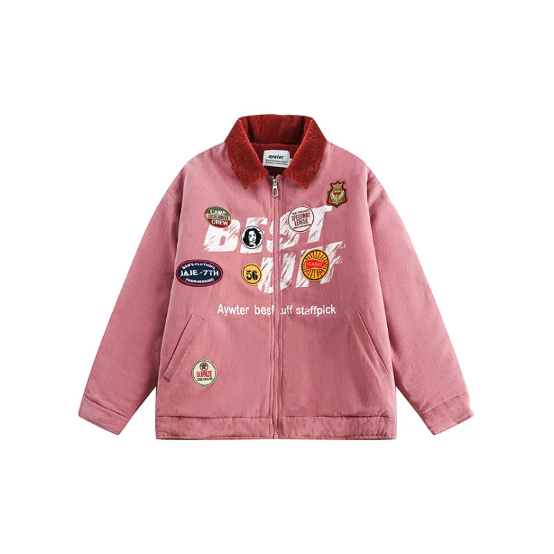 Retro Badge Patch Workwear Turn down Collar Cotton Jacket