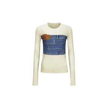 Retro Printed Long Sleeve Combed Cotton T Shirt Women