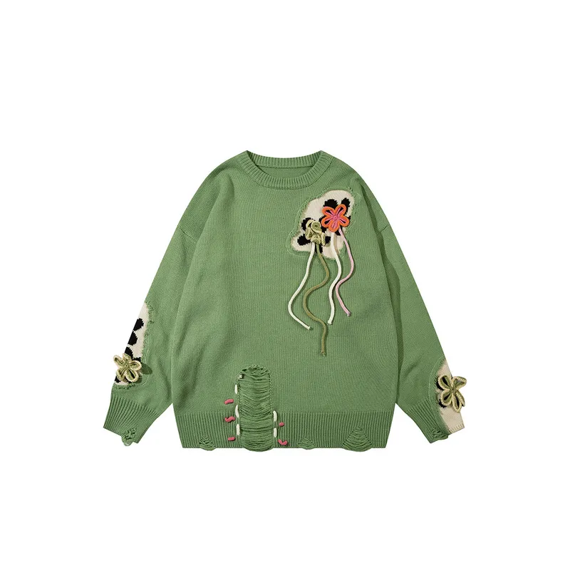 Tide High Street Lazy Style Small Flower Rip Knit Sweater-0