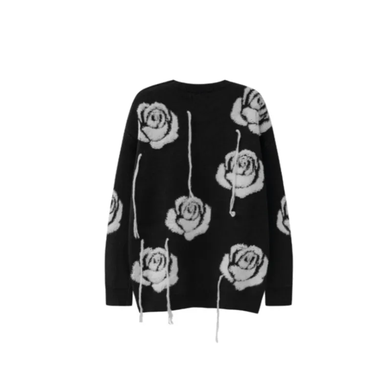 Lazy Style Chic Design Rose Tassel Long Sleeve Retro Knitted Wool Sweater-1