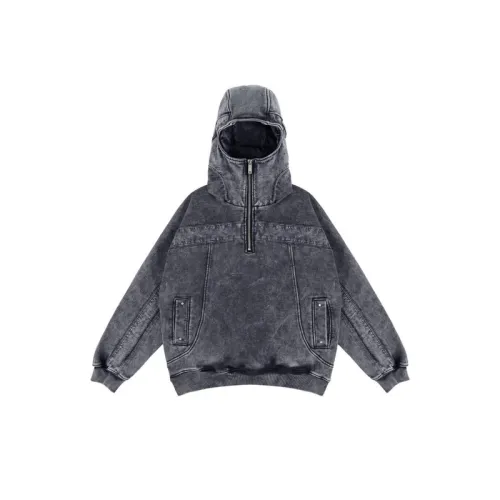 High Street Heavy Washed Stitching sweater Zip Masked Hoodie