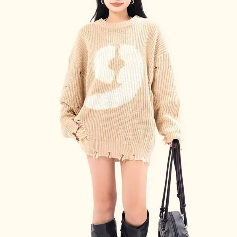 Retro Raw Hem Cotton Blended Fabric Sweater-7