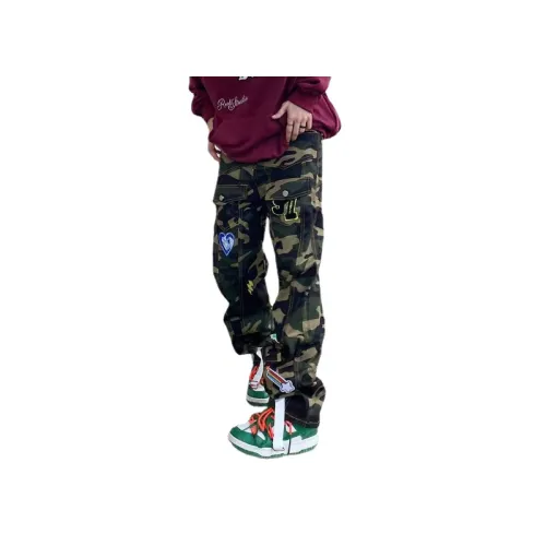 Camouflage Embroidered Pants with Love Smiley Face Print