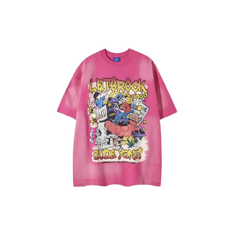 Cartoon Distress Cotton Blended Fabric T Shirt-0