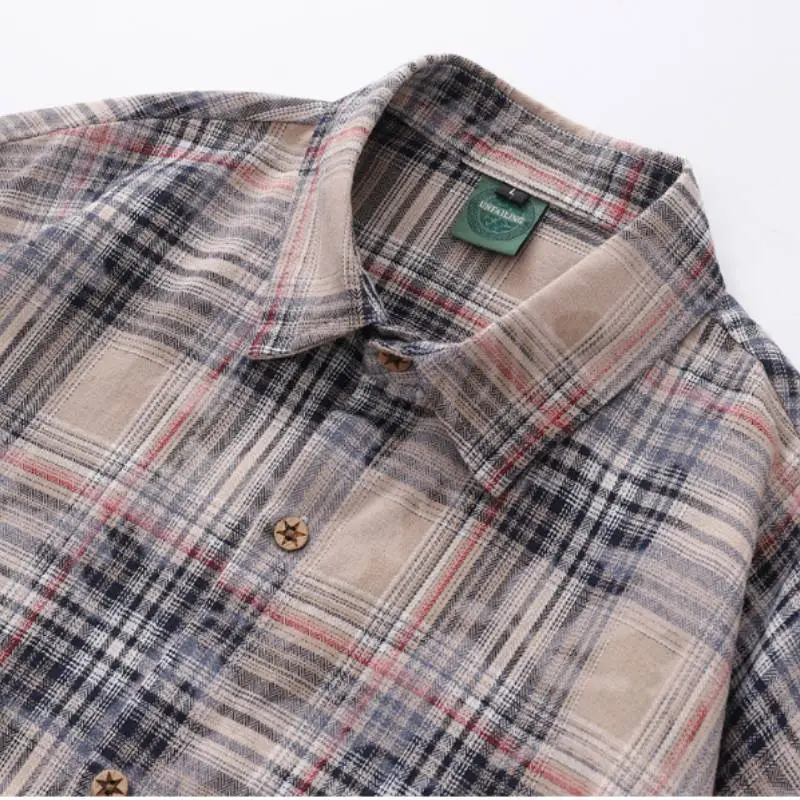 Old Washed Plaid Wear resistant Breathable Design Sense Shirts-2