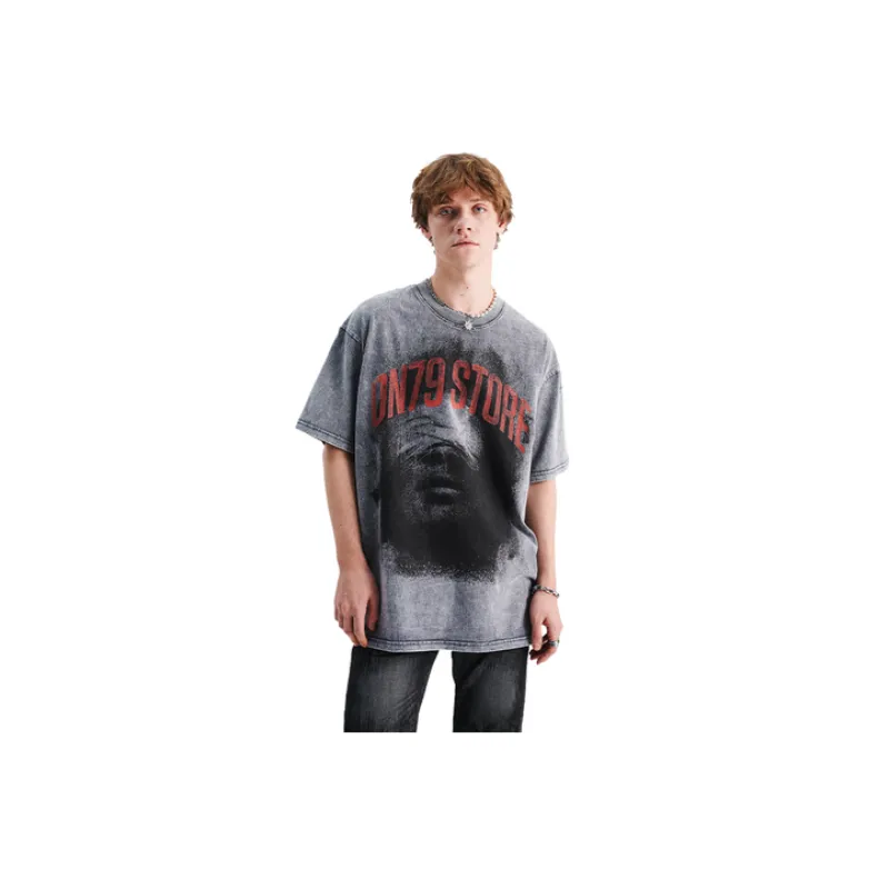 Retro Direct Injection Head Printing Shoulder Loosen T Shirt-2