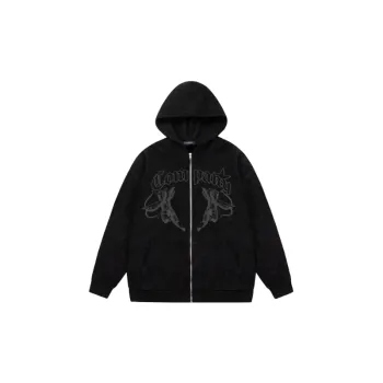 Trendy Distressed Angel Pattern Cardigan Padded Hooded Sweatshirt