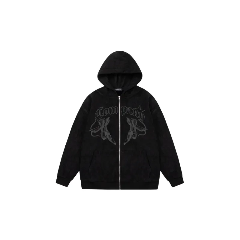 Trendy Distressed Angel Pattern Cardigan Padded Hooded Sweatshirt-0