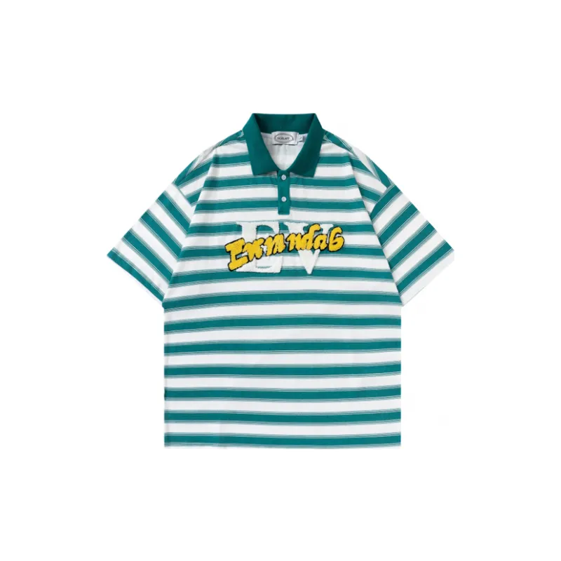 Loose Embroidery Striped Polo Shirt-0
