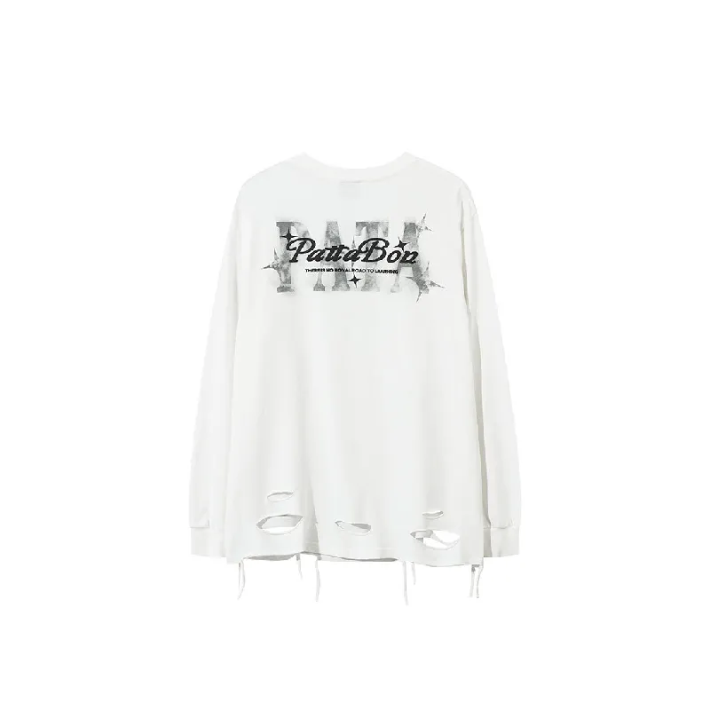 Trendy Long Sleeve Loose Ripped CottonT Shirt-1