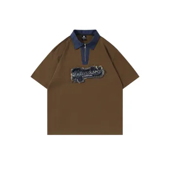 Loose Denim Patch Embroidery Polo Shirt