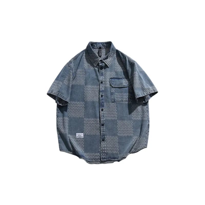 Retro Denim Plaid Short Sleeved Shirt-4
