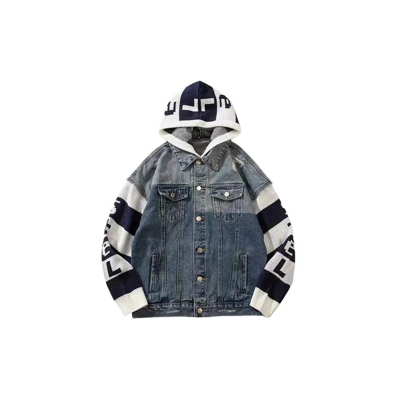 New Style Street Trendy Brand Patchwork Vintage Hoodie Denim Loose Fit Jacket