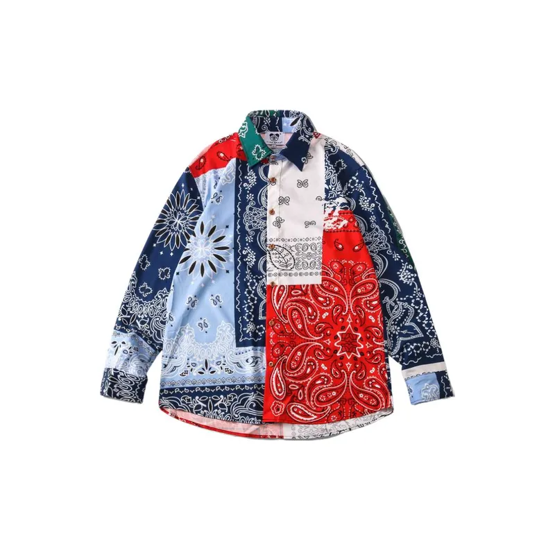 Trendy Ethnic Style Digital Printing Lapel Loose Youth Long Sleeved Shirt