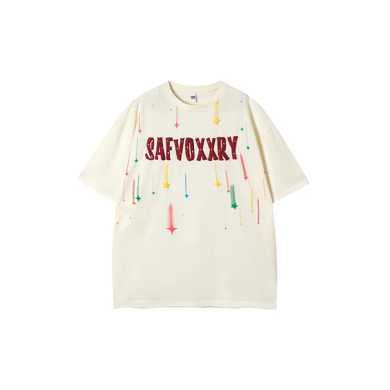 Fashion Retro Letter Meteor Casual Loose Short sleeved T shirt-2