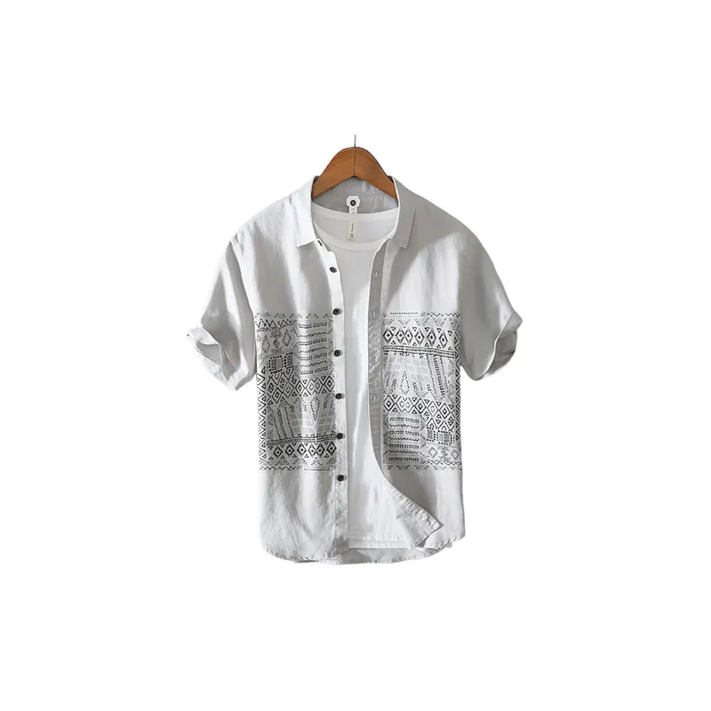 Breathable Retro Casual Ethnic Style Short-Sleeved Printed Shirt-0