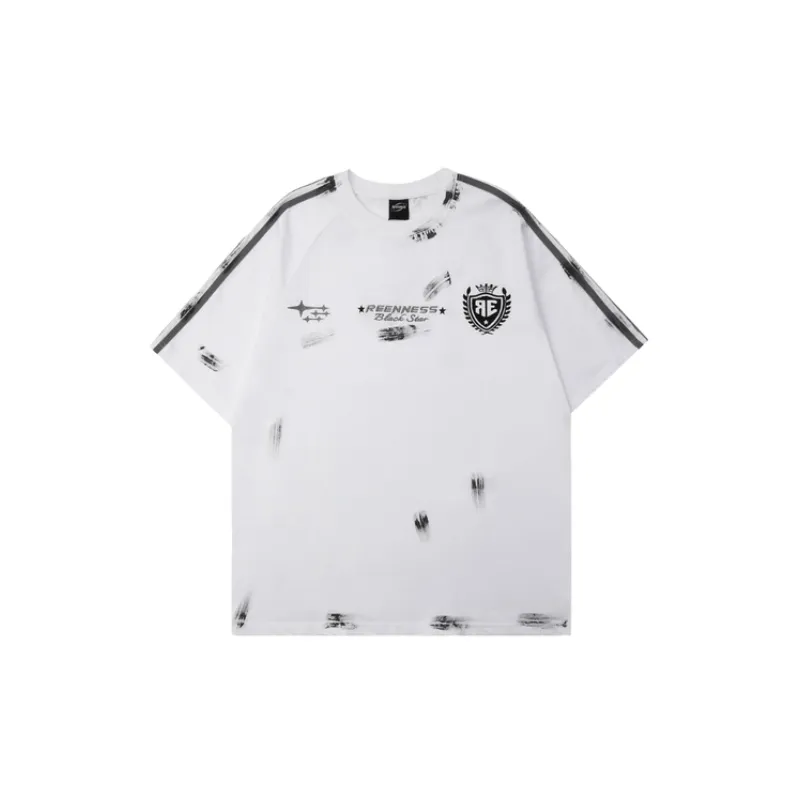 Logo Embroidery Hand painted Old Casual Loose Short sleeved T shirt-0