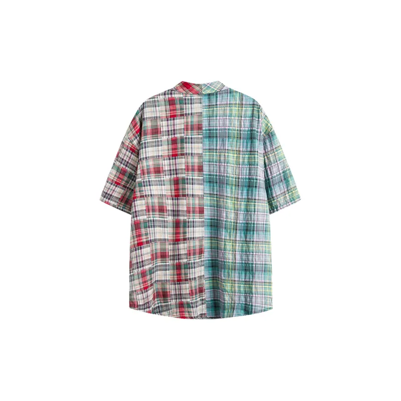Contrast Color Asymmetric Color Grid Breathable Short Sleeved Shirt-1