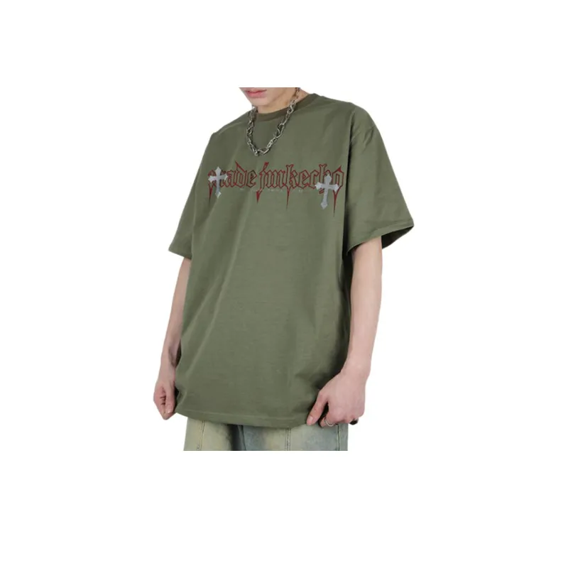 Vintage Cross Printed Washed Short sleeved T shirt-24