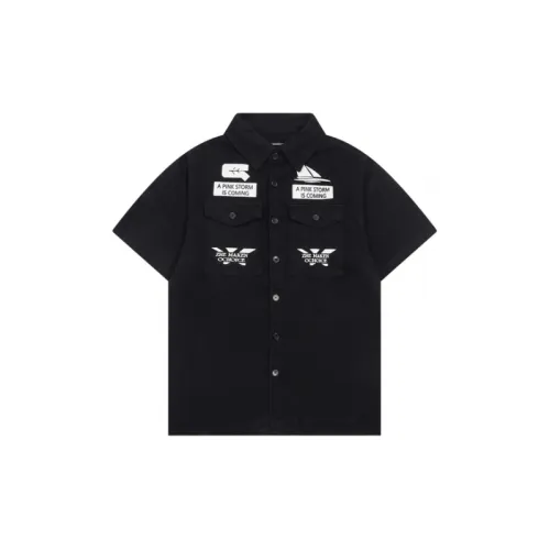 Hip Hop Letter Print Lapel Denim Short Sleeved Shirt