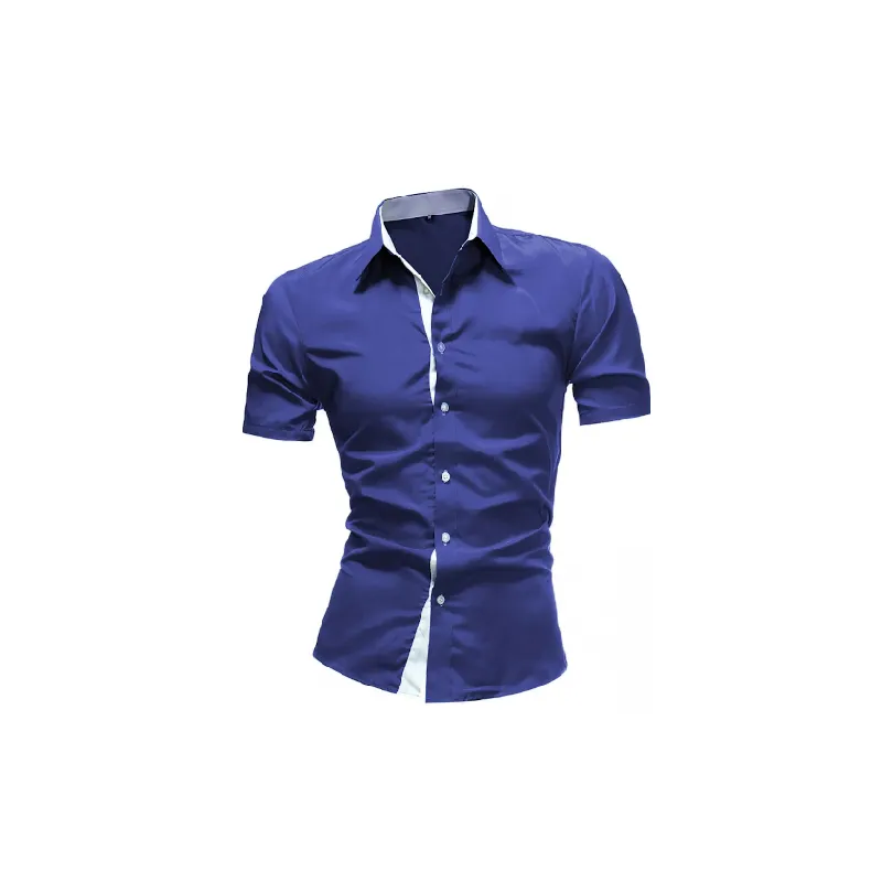 Casual Contrast Color Short Sleeved Cotton Blended Fabric Shirt-1