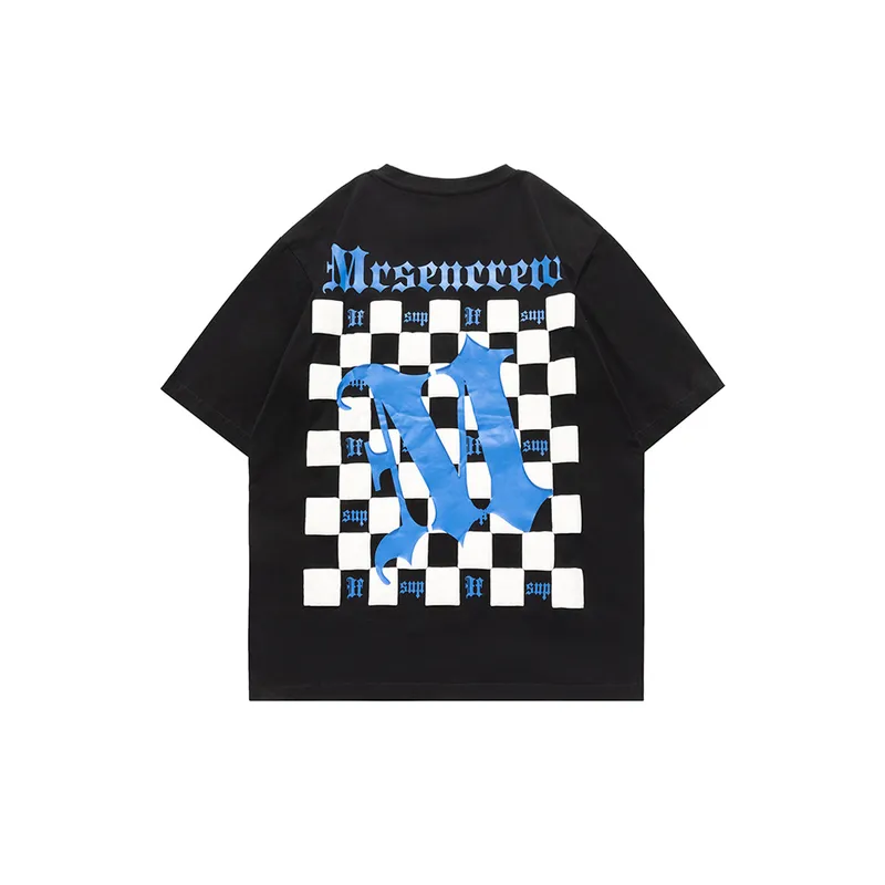 Checkerboard Grid Letters Printed Short Sleeved T Shirt-0