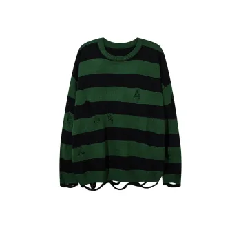 New Striped Hole Vintage High Street All match Loose Sweatshirt