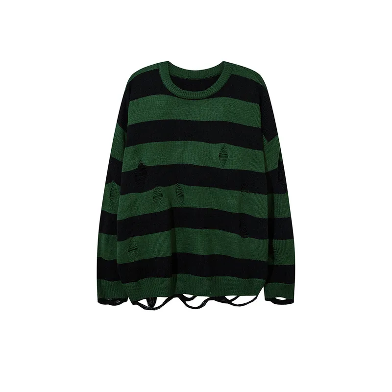 New Striped Hole Vintage High Street All match Loose Sweatshirt-3