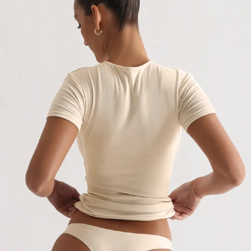 Fashionable Plain Naked Feel Single Sided Brushed Fabric T Shirt Women-5