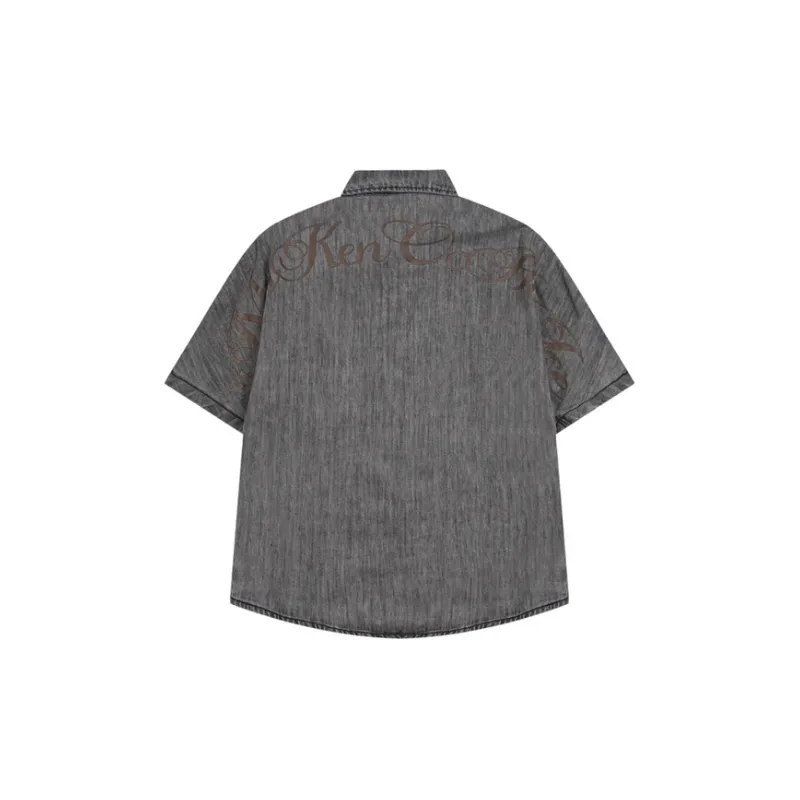 Gothic Letter Trendy Mud Dyed Denim Shirt-5