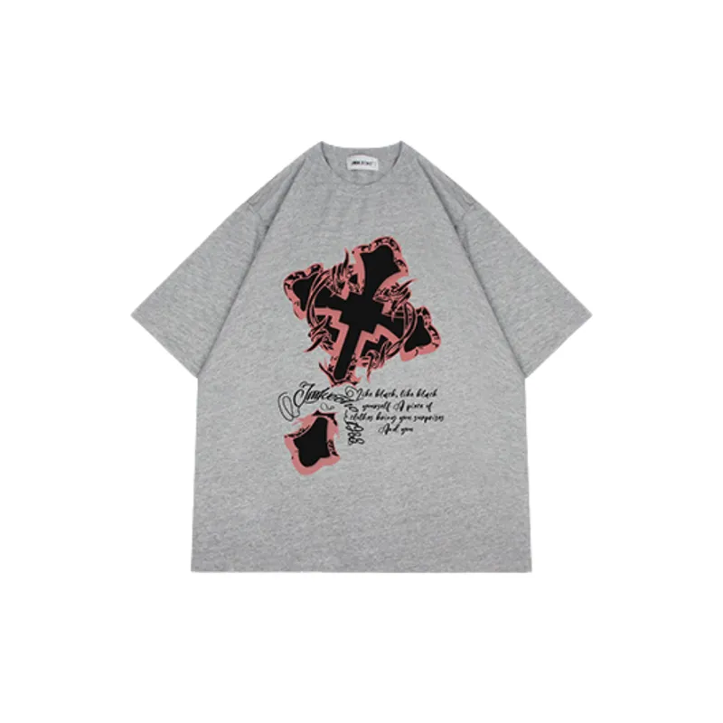 Retro Dark Cross Printed Washed Short sleeved T shirt-0
