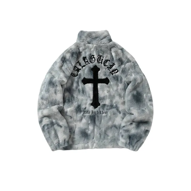 Vintage Tie Dye Gradient Plush Cross Embroidered Lambskin Imitation Jacket-1
