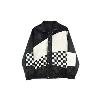 Advanced Sense Niche Chessboard Black and White Stitching Contrast Color Leather Jacket
