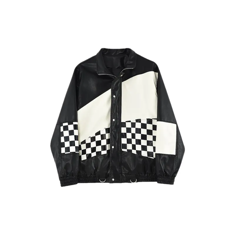 Advanced Sense Niche Chessboard Black and White Stitching Contrast Color Leather Jacket-0