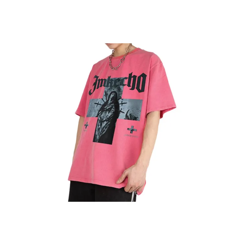 Retro Antique Washed Cross Figure Print T shirt-31