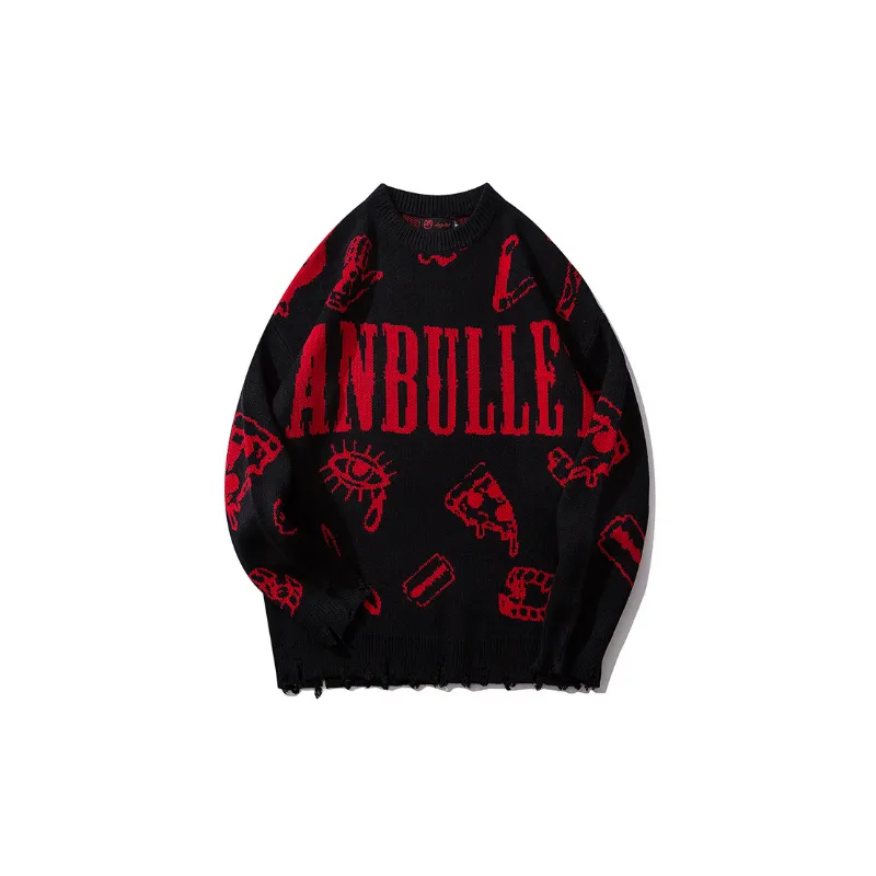 Fashion Brand Hip Hop Graffiti Hole Jacquard Pattern Knitted Sweater-0