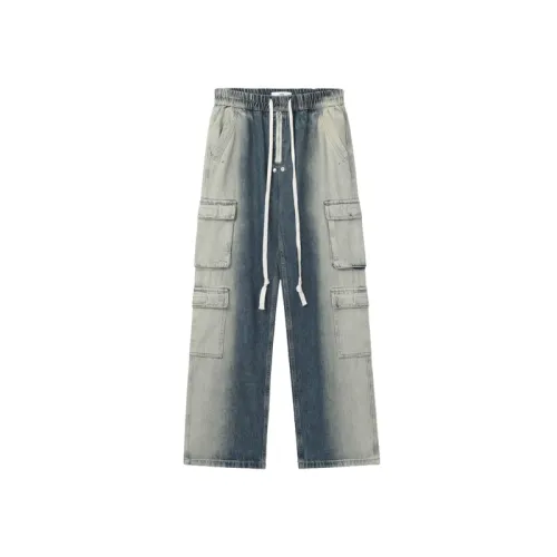 High Street Tie Dye Gradient Multi-Pocket Staggered Waist Denim Cauboard Pants