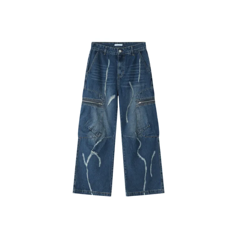 Loose Straight Zipper Hip Hop Tooling Large Pocket Jeans