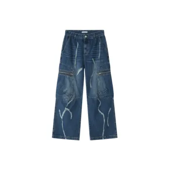 Loose Straight Zipper Hip Hop Tooling Large Pocket Jeans