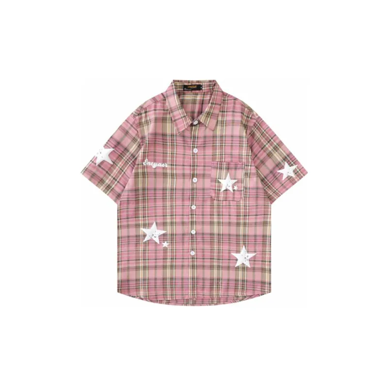 Star Print Plaid Short Sleeve Shirt-2