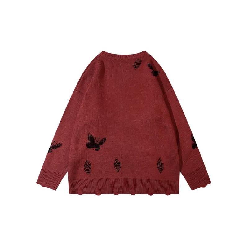 New Arrival Trendy Brand Full Face Butterfly Ripped Round Neck Lazy Loose Top-3