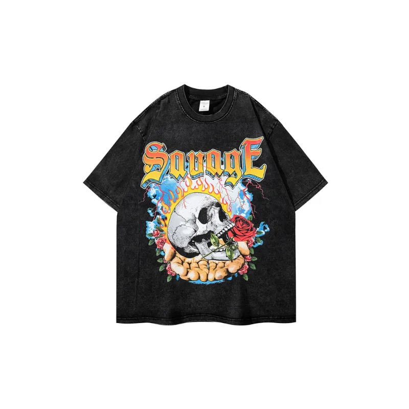 Loose Rose Skull Print T Shirt-0