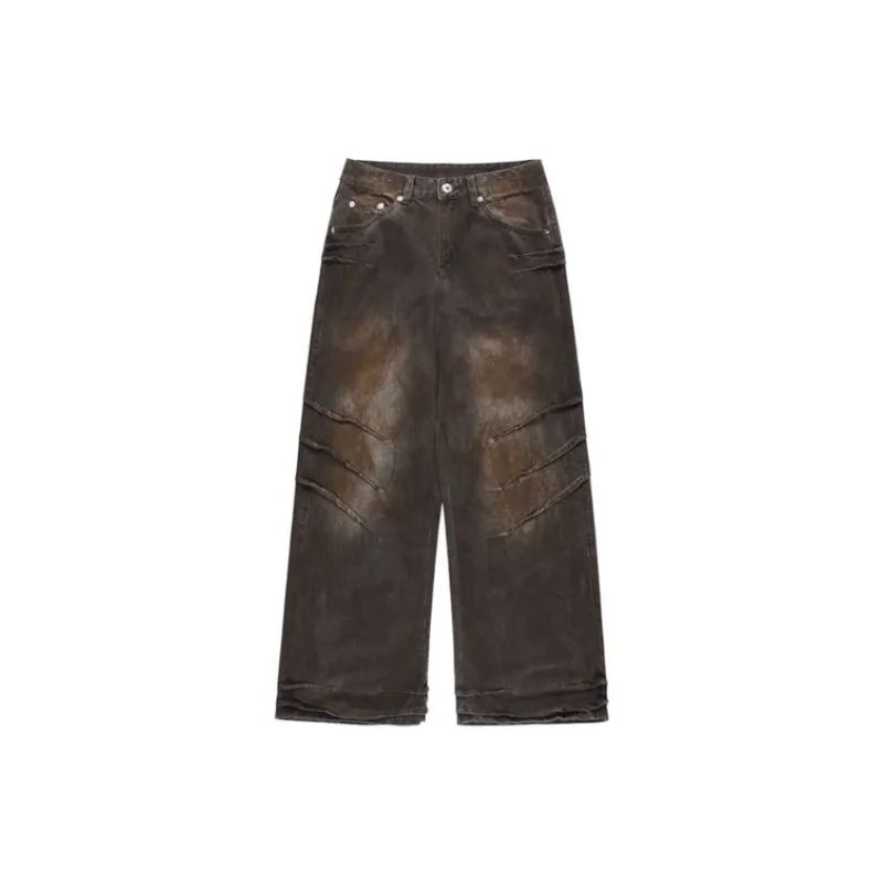 High Street Trendy Retro Washed Rust Dirty Color Loose Straight Pants