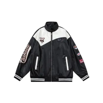 Color Splice Letter Embroidered Hip Hop Biker Jacket