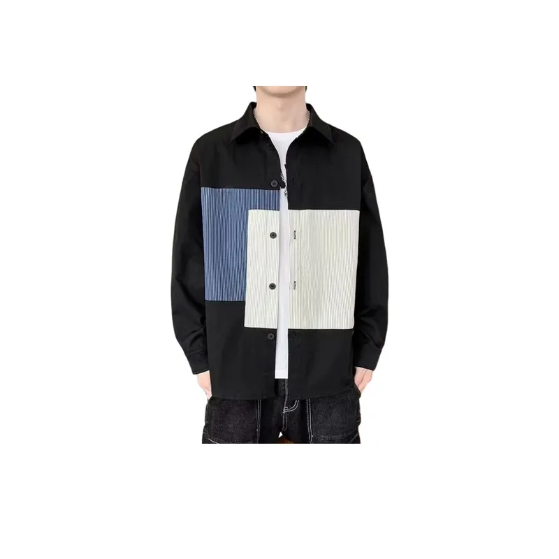 Retro Contrast Color Stitching Tooling Shirt-3