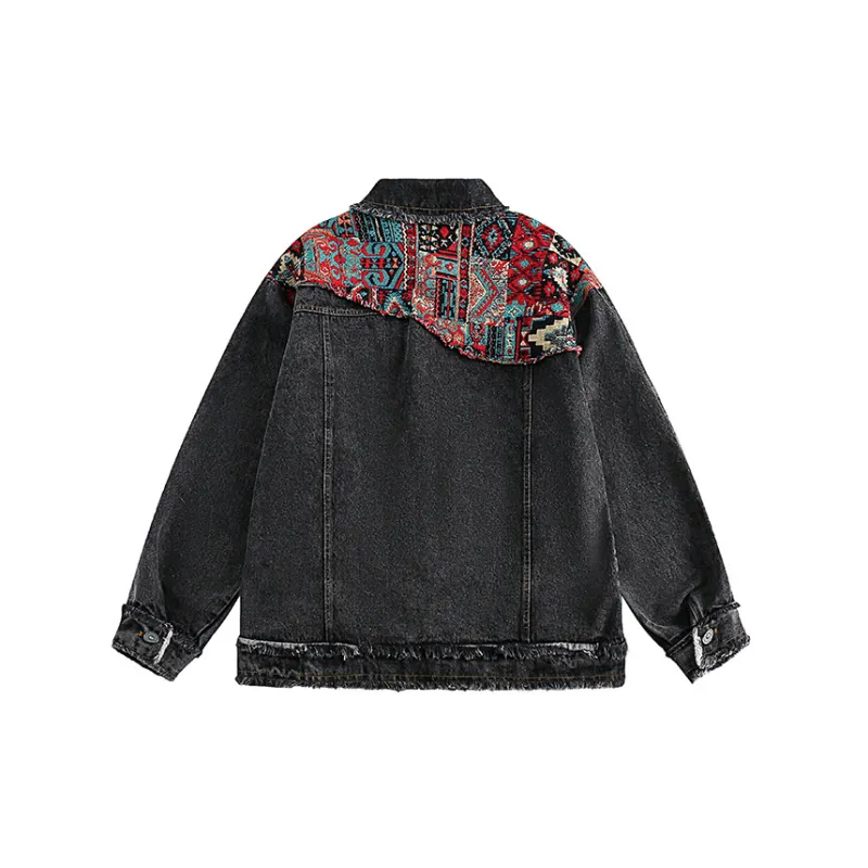 Contrasting Ethnic Style Patchwork Frayed Denim Jacket-5