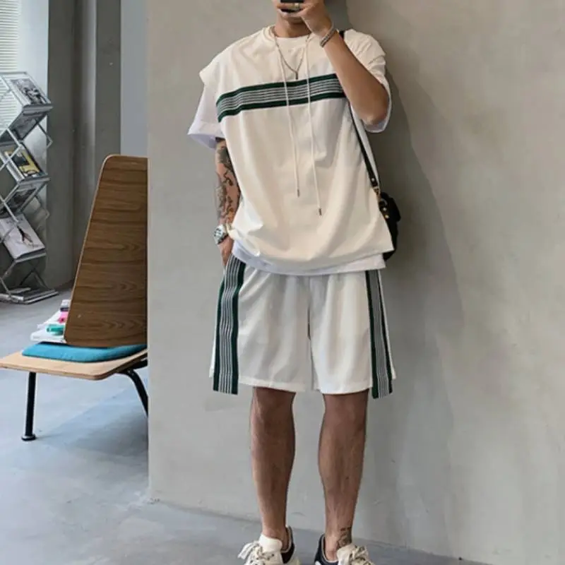 Contrast Color Striped Vest and Shorts Two Piece Suit-7