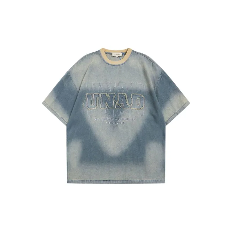 Vintage Washed Old Letter Embroidered Denim Short sleeved T shirt