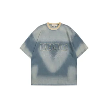 Vintage Washed Old Letter Embroidered Denim Short sleeved T shirt